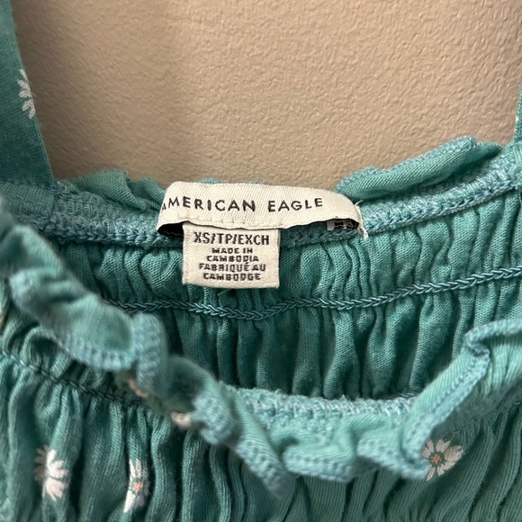 American Eagle Outfitters Teal Daisy Smocked Crop Top - Picture 3 of 6